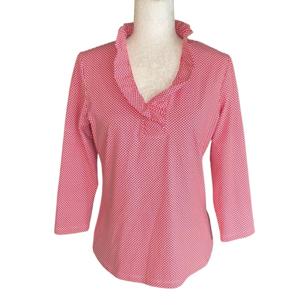 J. McLaughlin Durham Red & White Polkadot Print Ruffle Collar 3/4 Sleeve Top - M